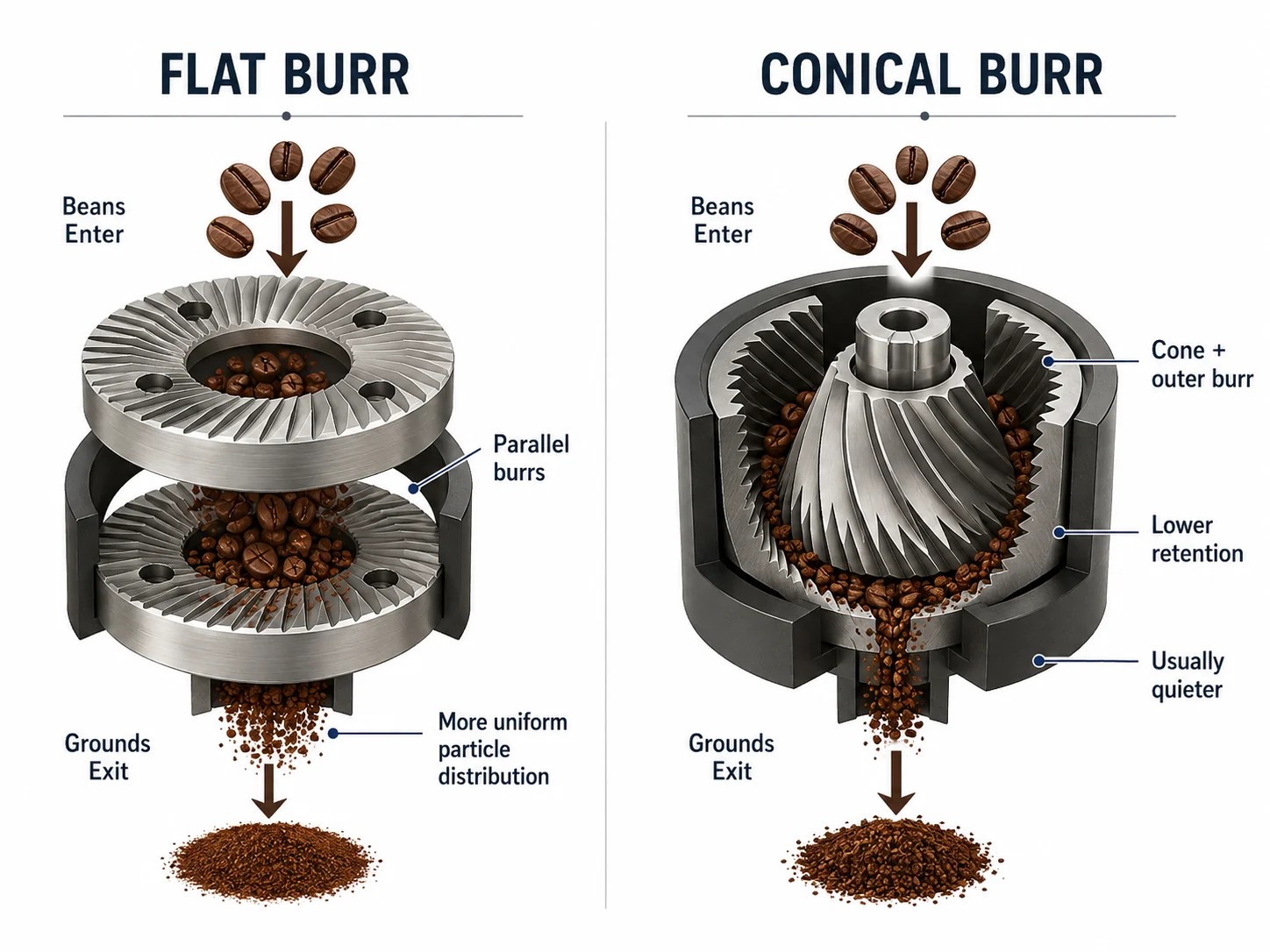 Diagram showing how flat burr and conical burr coffee grinders work
