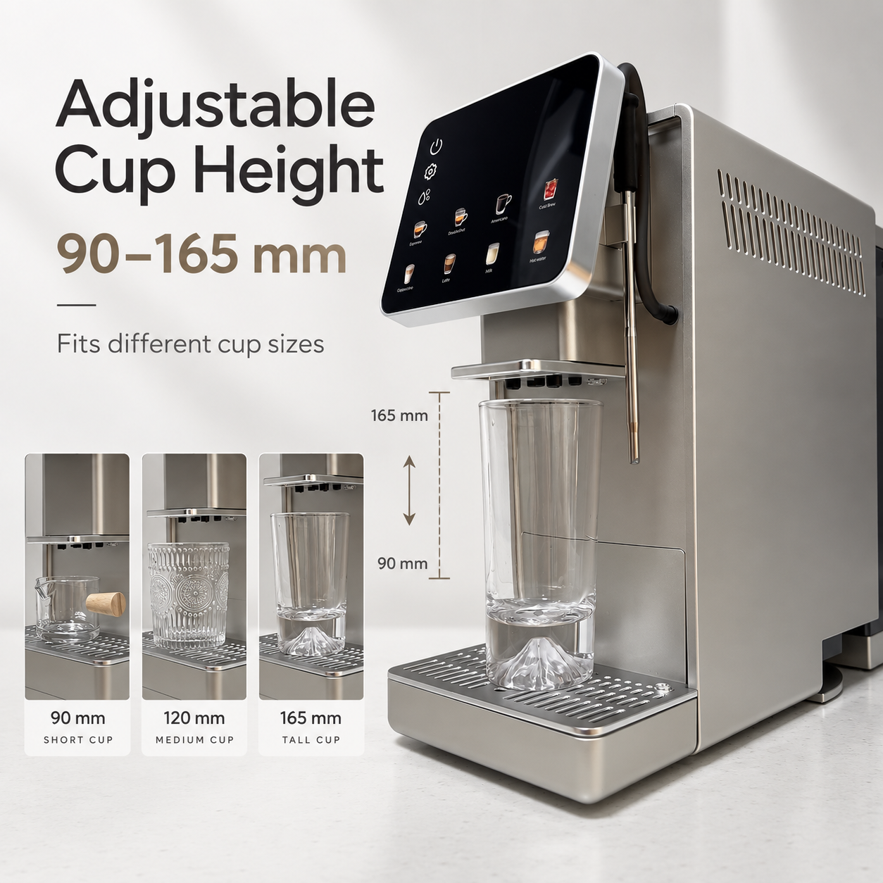 EM6088 fully automatic coffee machine with adjustable 90–165mm cup height