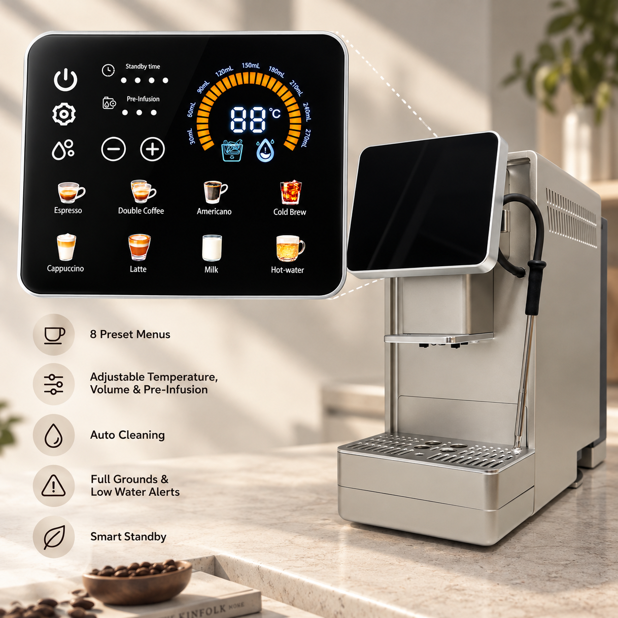 EM6088 fully automatic coffee machine with touch screen and 8 preset drinks
