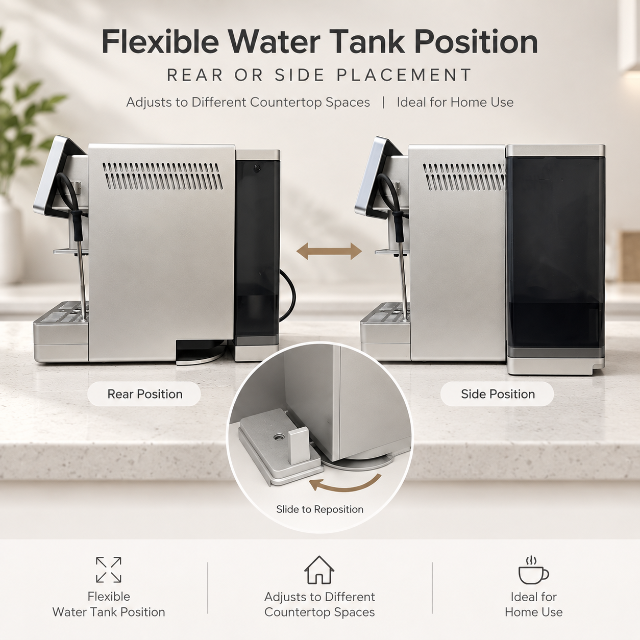EM6088 coffee machine with flexible rear or side water tank placement