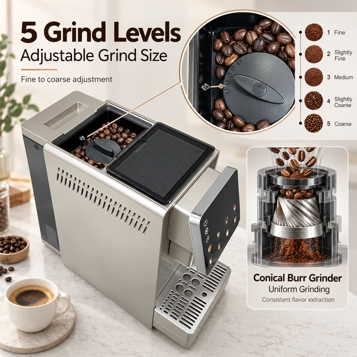 EM6088 bean to cup coffee machine with conical burr grinder and 5 grind levels