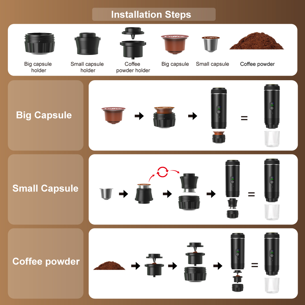 KF-JN-02Pro+ 3-in-1 portable espresso machine adapter installation for capsules and ground coffee