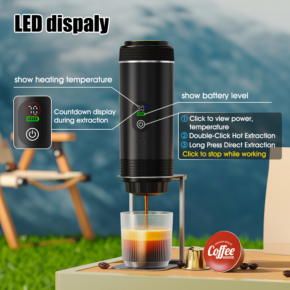KF-JN-02Pro+ portable coffee machine smart LED display showing temperature battery level and extraction time