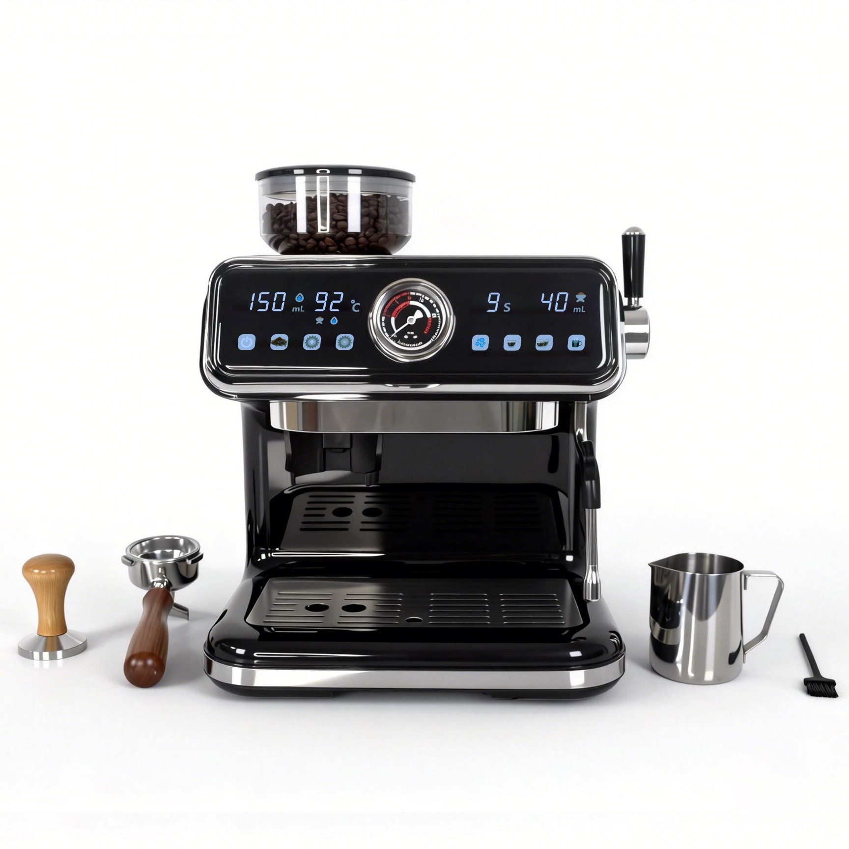 EM3724 espresso machine accessories including metal tamper milk frothing pitcher and portafilter.jpg