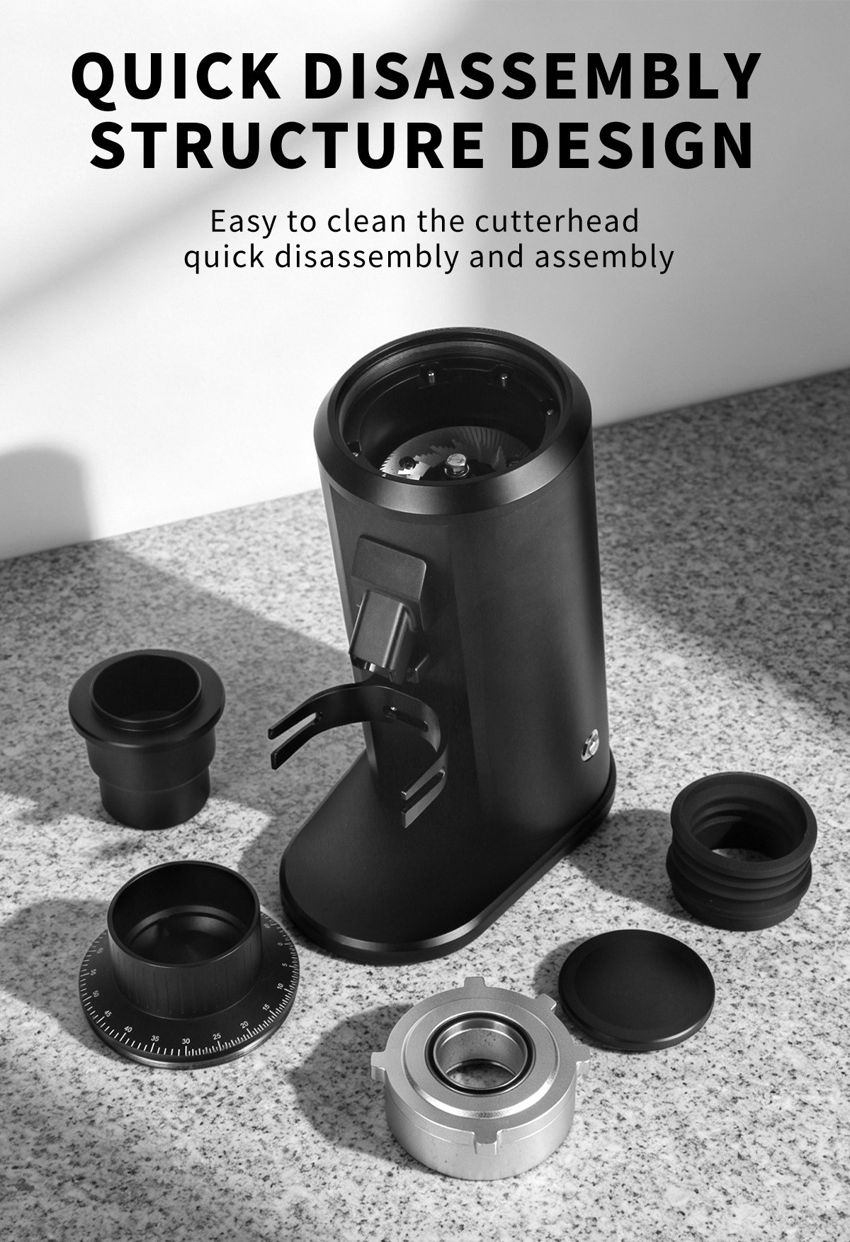 Single dose coffee grinder disassembled for burr access and easy cleaning