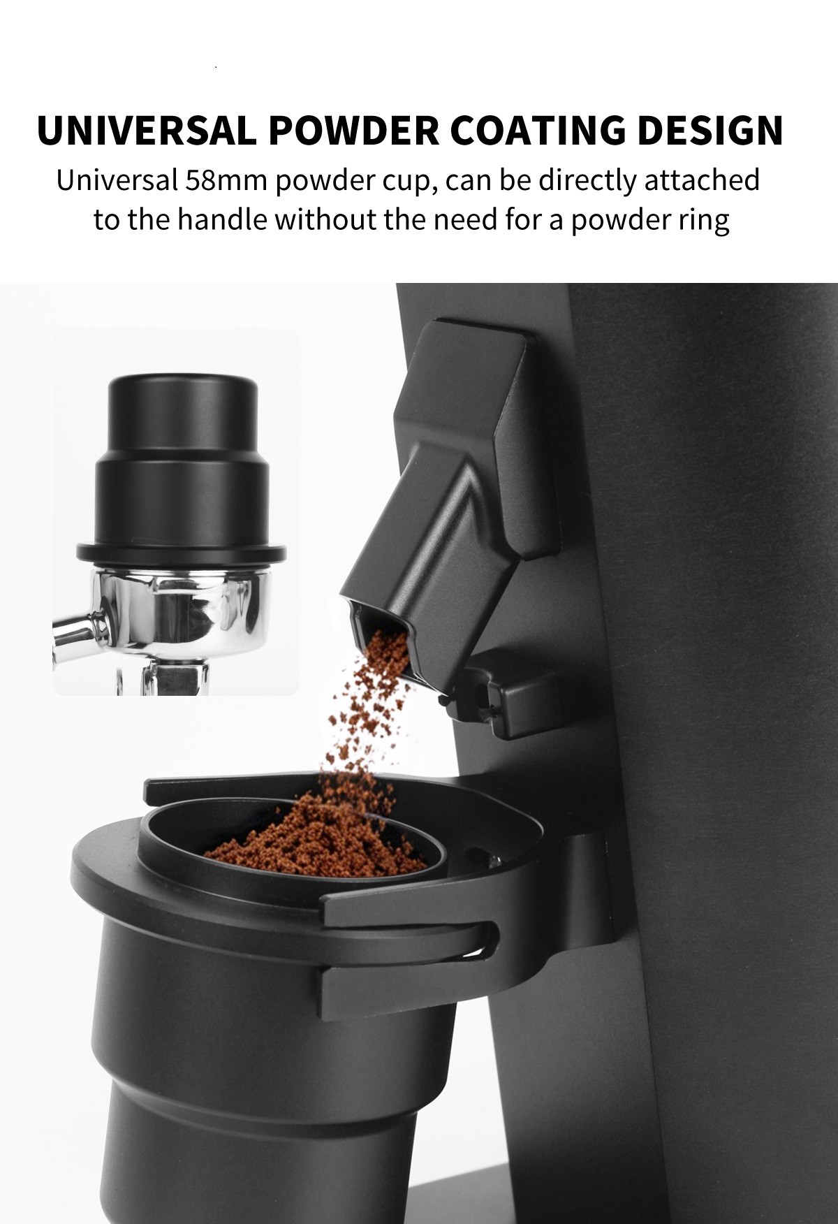 Coffee grinder with a 58mm dosing cup that fits directly onto an espresso portafilter