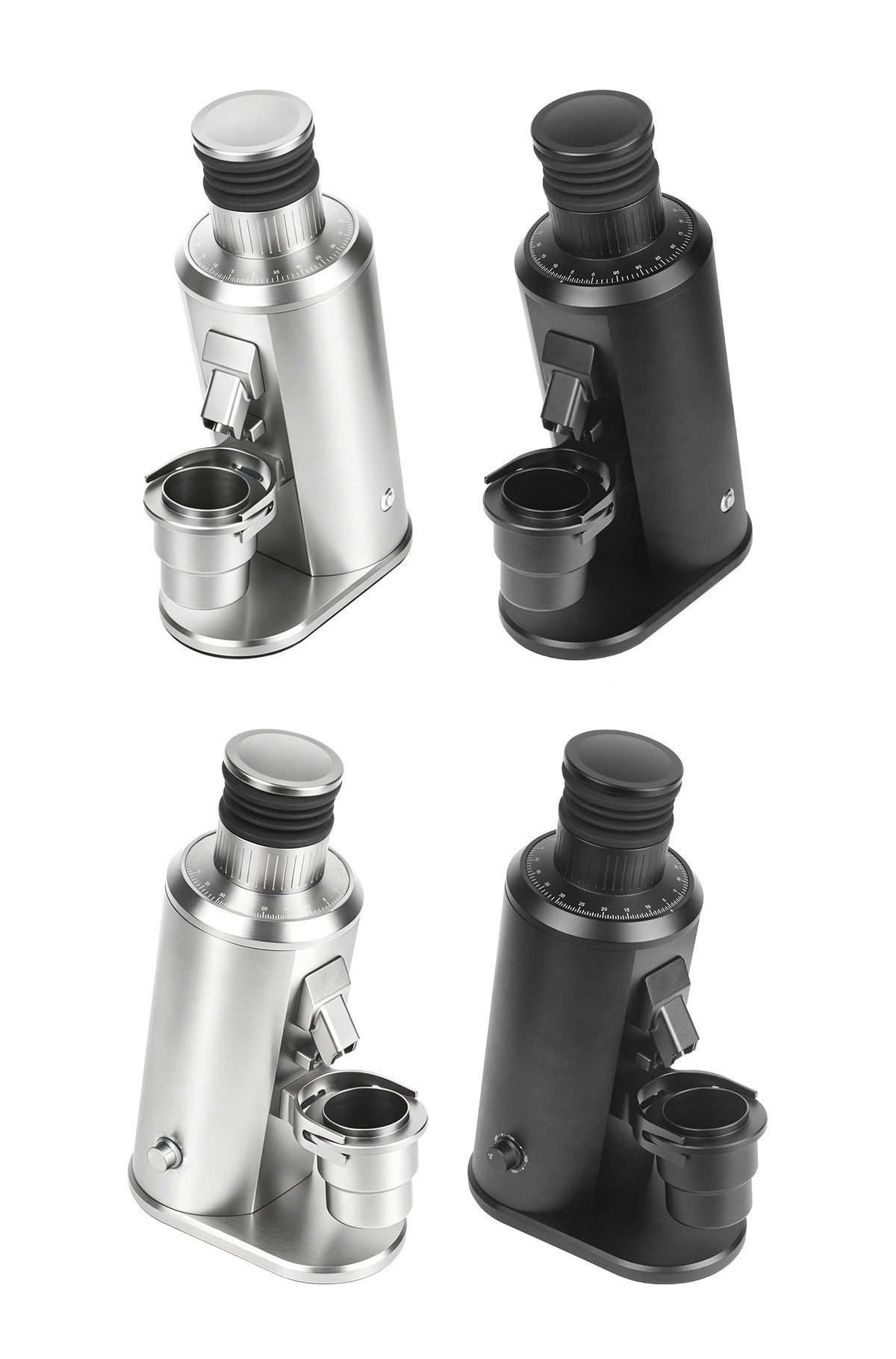 Black and silver single dose coffee grinders shown from multiple angles