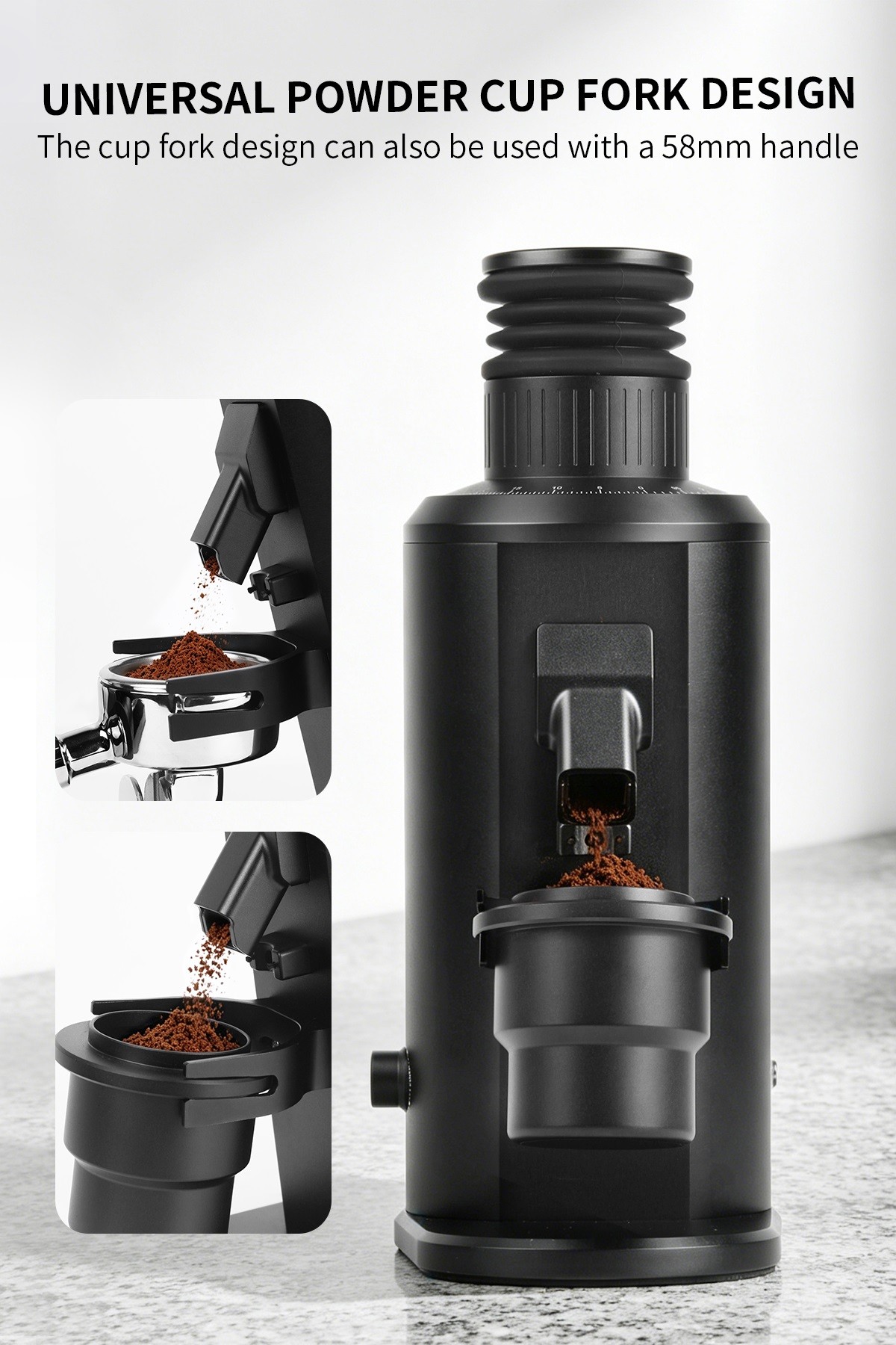 Coffee grinder fork supporting both a dosing cup and a 58mm portafilter