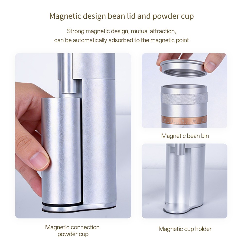 Magnetic hopper lid and dosing cup on a silver electric coffee grinder