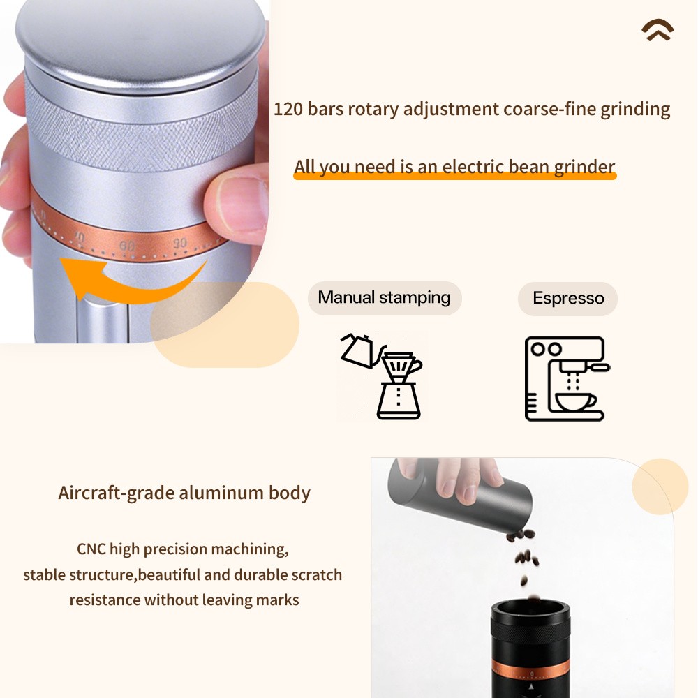 Silver electric coffee grinder with a 48mm conical burr on a kitchen counter