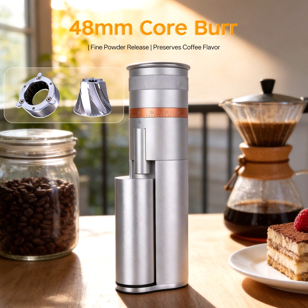 Close-up of a titanium-coated six-star conical burr inside an electric coffee grinder
