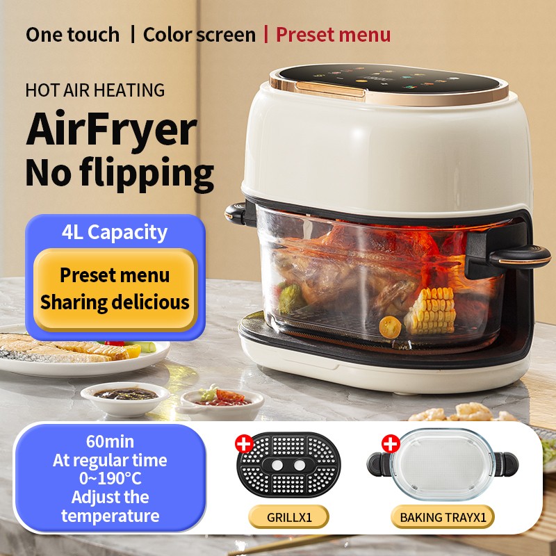 K-QF-505 glass air fryer with 4L borosilicate glass basket and visible cooking design.jpg